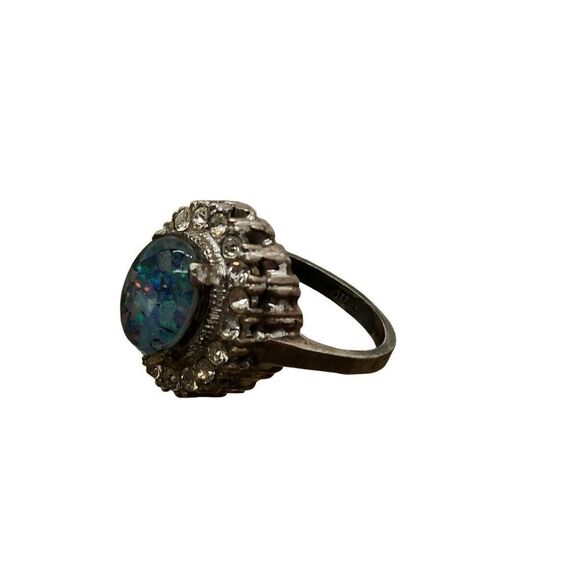 Vintage Estate Sterling Silver Art Deco Cocktail Ring Size 6 Blue Center Opal - Picture 10 of 16